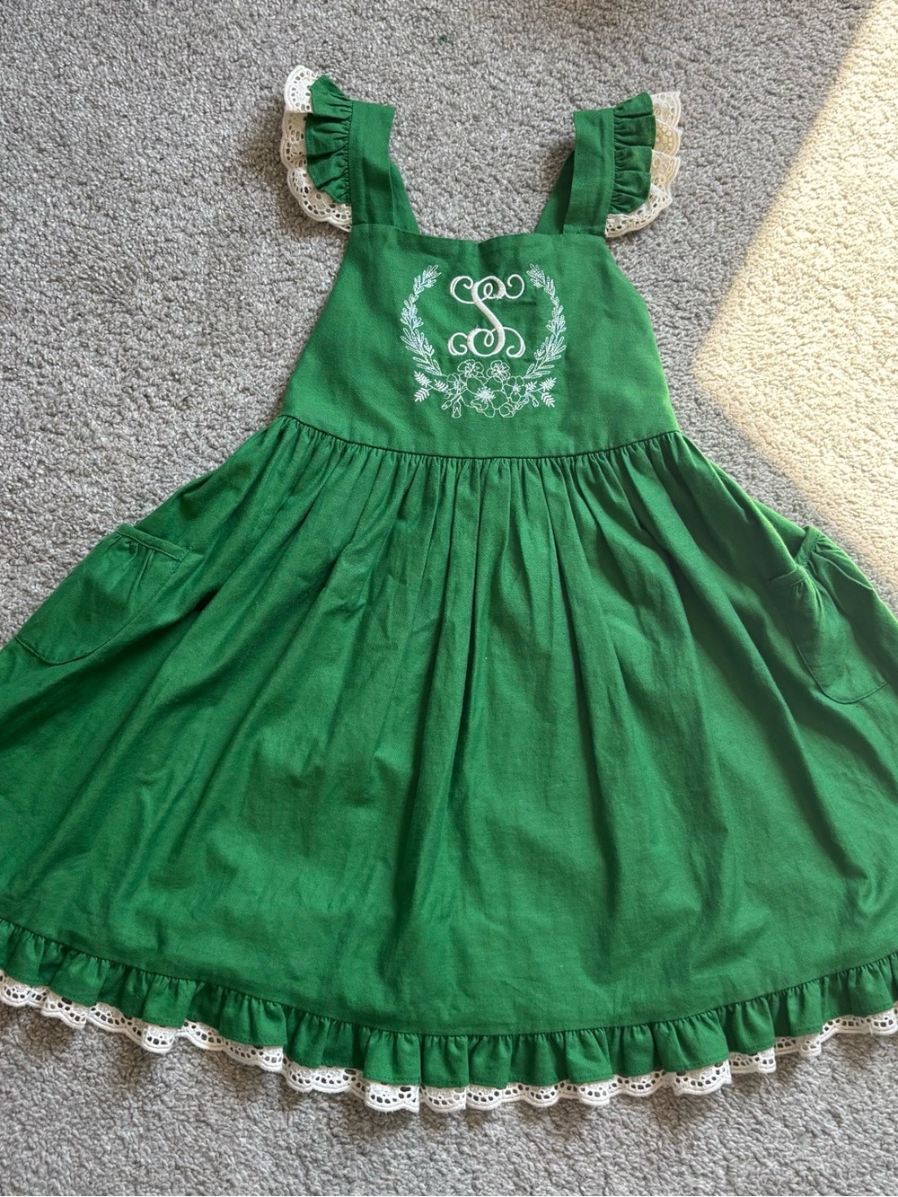 Green Embroidered Girls Pinafore Dress with Lace Trim